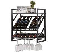 Présentoir à vins à vin Industriel Mural, Portant à vin Suspendu avec Porte-Verres en Vaisselle et étagères murales de Rangement (Couleur : Noir, Taille : 52x30x55cm)