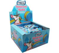 Présentoir complet Rolla Belta Unicorn, rouleau multicolore de gomme aux fruits goût fraise 24 pièces
