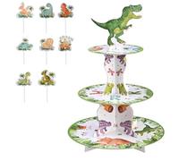 Presentoir Cupcake Dinosaure 3 Niveaux avec 16 Décorations pour Cupcakes Présentoirs à Gâteau en Carton Tour à Dessert, pour Le thé L'Après-Midi, Dessert, Fruits, Nourriture