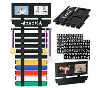 Présentoir de ceinture de karaté - 10 ceintures de karaté Taekwondo, Jiu Jitsu, Arts martiaux en bambou avec autocollants à thème, porte-médailles, 2 cadres photo, pas de montage nécessaire