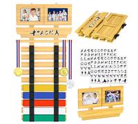 Présentoir de ceinture de karaté - 10 ceintures de karaté Taekwondo, Jiu Jitsu, Arts martiaux en bambou avec autocollants à thème, porte-médailles, 2 cadres photo, pas de montage nécessaire