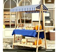 Présentoir de marché en bois avec auvent, table pliable et portable, chariot robuste pour aliments de rue, bonbons, jus, vente de pâtisseries (bleu, 106 cm)
