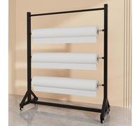 Présentoir de rangement robuste en acier avec roulettes pour rouleaux de tissu et rubans, idéal pour les commerces. Ce présentoir compact permet de ranger jusqu'à 9 rouleaux de papier d'emba