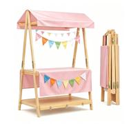 Présentoir de Vente Portable avec Auvent, Étagère Pliante à 2 Niveaux, Présentoir Mobile d’Extérieur pour Fleurs, Artisanat, Produits Frais, Ventes Saisonnières et Événements Pop-Up(Pink,110cm/43in)