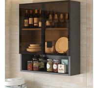 Présentoir élégant en bois avec portes en verre trempé - Organisateur de rangement mural étroit pour bar, restaurant, garage et salle de bain (B 60 cm)