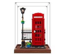 Présentoir en acrylique transparent pour Lego 21347 - Modèle de cabine téléphonique rouge - Boîte transparente - Boîte de rangement - Boîte anti-poussière (modèle non inclus) (base marron 3 mm)