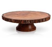 Présentoir en bois pour gâteaux, desserts, cupcakes, collations, plateaux, plateaux, fromages pour table, anniversaire, fête de mariage, ferme rustique avec bords en écorce naturelle, 30 cm rond
