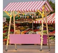 Prèsentoir Mobile Avec Auvent Alimentaire En Bois Sur Roulettes, Marché Pour Commerces De Rue, Foires Et Événements(Pink1,150cm/59in)
