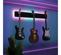 Présentoir mural multi-guitares éclairé par LED | Support modulaire rétroéclairé avec panneaux acoustiques | Vitrine lumineuse à atténuation sonore pour guitares | [Noir | 3-Guitars+LED (115x15cm)]