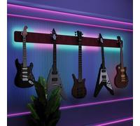 Présentoir mural multi-guitares éclairé par LED | Support modulaire rétroéclairé avec panneaux acoustiques | Vitrine lumineuse à atténuation sonore pour guitares |[Bordeaux | 5-Guitars+LED (205x15cm)]