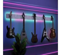 Présentoir mural multi-guitares éclairé par LED | Support modulaire rétroéclairé avec panneaux acoustiques | Vitrine lumineuse à atténuation sonore pour guitares | [Blanc | 5-Guitars+LED (205x15cm)]