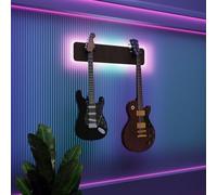 Présentoir mural multi-guitares éclairé par LED | Support modulaire rétroéclairé avec panneaux acoustiques | Vitrine lumineuse à atténuation sonore pour guitares | [Marron | 2-Guitars+LED (70x15cm)]