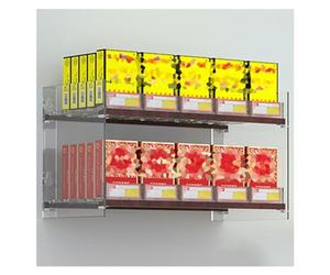 Présentoir mural pour cigarettes, idéal pour supermarchés et commerces de proximité. Ce présentoir automatique à 2 niveaux en acrylique transparent, avec système d'ouverture automatique, est