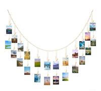Présentoir photo bohème à suspendre avec 24 clips, ficelle en bois pour afficher des photos, des cartes et des œuvres d'art, fabriqué à partir de corde de jute robuste et de perles en bois naturel