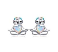 Presentski Boucles d'oreilles à tige en opale paresseux Sourire Argent Sterling 925 Fleurs Colorées Mignon Animal Assis En forme de coeur Cadeau élégant et délicat pour femmes et filles