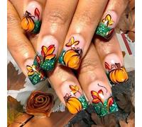 Press On Faux ongles courts carrés feuilles d'érable à paillettes Pointe française à coller