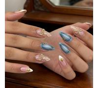 Press on Nails Almond Mittellang - Pointe French Bleue avec noeud en or 3D & étoiles, ongles artificiels en gel doux, réutilisables et brillants, inclus onglets adhésifs, ensemble de 24 pièces pour