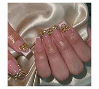 Press On Nails Court Cercueil Or nude blanc pointe 3D Français vintage Faux Ongles Réutilisables à Coller Nail Set Manucure Française pour Fête Quotidien