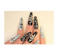 Press On Nails Long Ovale Croix noire serpent 3D Brillant Faux Ongles Réutilisables à Coller Nail Set Manucure Française pour Fête Quotidien