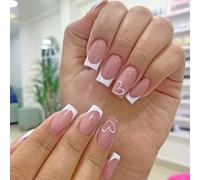 Press on Nails - Lot de 24 faux ongles courts - En acrylique - Avec cœur - Couverture complète - Avec colle à ongles - En acrylique - Pour nail art - Paillettes argentées