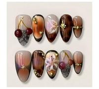 Press On Nails Moyen Amande Marron léopard perle fleur cerise 3D Vintage Faux Ongles Réutilisables à Coller Nail Set Manucure Française pour Fête Quotidien
