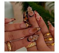 Press On Nails Moyen Amande Nude perle or 3D léopard Français vintage Faux Ongles Réutilisables à Coller Nail Set Manucure Française pour Fête Quotidien