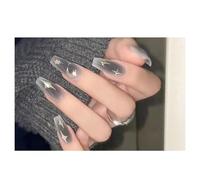 Press On Nails Moyen Carré Éclat étoilé 3D argenté Ombre Faux Ongles Réutilisables à Coller Nail Set Manucure Française pour Fête Quotidien
