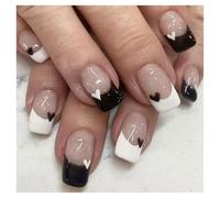 Press On Nails Moyen Cercueil Noir blanc pointe cœur Mignon français Faux Ongles Réutilisables à Coller Nail Set Manucure Française pour Fête Quotidien