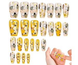 Press on Nails Women, Square Tip False, 11.7cm/4.61in 6.8cm/2.68inch Set of 24 Bee and Flower Fake Fingernails, for Dating, Travel, Manicure Art, Making These Press on Accessories