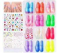 Press On Ongles pour Filles, 12 Designs Ombré Paillettes Press On Ongles pour Enfants, 6 Feuilles Étoiles Fraise Noeuds Fleurs Stickers Ongles pour Enfants, Autocollants 3D Strass Colorés