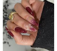 Press Stick Nails Forme d ' amande avec sculpture de fleur complexe Couleur rouge vin Ensemble de faux ABS léger Faux rouge vin avec sculpture