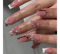 Pressage brillant sur les ongles French Design Nudes Motif léopard Facile à utiliser sans outil Pratique pour un port prolongé Motif léopard Appuyez sur l'ongle