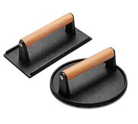 Presse à hamburger et bacon en fonte robuste - Presse ronde de 17,5 cm et rectangulaire de 21,6 x 10,6 cm avec poignée en bois, idéale pour les grillades Blackstone, la viande, le steak, les paninis