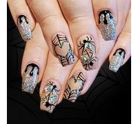 Presse à paillettes sur le thème d ’ Halloween sur les ongles, | Conceptions d ' art de coeur de toile d ' araignée, manucure d ' ongles ovales à coller, accessoires de beauté