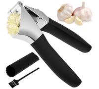 Presse-ail en acier inoxydable de qualité supérieure avec éplucheur et brosse, presse-gingembre, poignée confortable et antidérapante, passe au lave-vaisselle, pour cuisines familiales (noir)