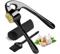 Presse-ail - Passe au lave-vaisselle et antirouille - Facile à presser - Poignée ergonomique - Éplucheur et brosse en silicone (noir)