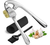 Presse-ail - Passe au lave-vaisselle et antirouille - Facile à presser - Poignée ergonomique - Éplucheur et brosse en silicone - Argenté