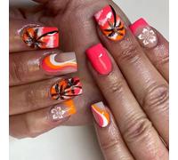 Presse Carrée Courte Sur Les Ongles Pointes Françaises Faux Couvertures Complètes Faux Avec Des Dessins De Fleurs Bâton Acrylique Artificiel Sur L'ongle