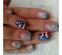 Presse carrée sur les ongles pour le Jour de l ' Indépendance Étoiles et Rayures Dessins Bleu Rouge Paillettes Styles Français Faux 24 Pièces Art du Jour de l ' Indépendance