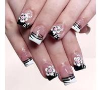 Presse carrée sur ongles Conseils français Faux couverture complète Faux avec motif floral Paillettes Faux acrylique Ongle cercueil Amande French Nail