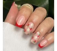 Presse carrée sur ongles Motifs fraises Faux ongles français en acrylique Faux ongles Colle artificielle pour femmes Design Faux ongles