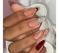 Presse d'amande française à paillettes argentées sur les ongles - Tige acrylique élégante à appliquer et à enlever les faux ongles d'amande