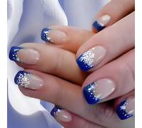 Presse de Noël carrée courte de vacances sur les ongles avec bleu blanc et flocon de neige couvertures complètes brillantes pour les femmes Presse de Noël sur les ongles