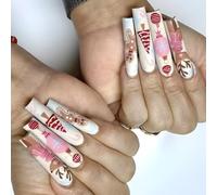Presse de Noël sur les ongles Faux flocons de neige avec motifs de renne Long carré acrylique pour femmes Prêts à l'emploi Ongles