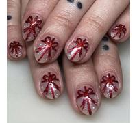 Presse De Noël Sur Les Ongles Glossy Silver Plitters Short Ovale Faux Avec Des Arcs Et Des Conceptions Ruban 24pcs Stick Sur Les Ongles Noël