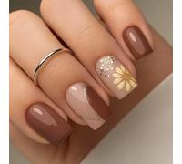 Presse florale d'automne sur les ongles Conseils d'ongles adhésifs respirants Design mat de café pour les peaux sensibles Ligne de marguerite de café foncé quotidien Faux ongles