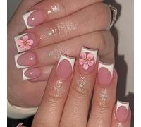 Presse Florale Élégante Sur Les Ongles Faux Ongles À Pointe Française Avec Finition Brillante Application Facile Pour Les Femmes Peau Sensible Presse Sûre Sur L'ongle