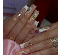 Presse française moderne sur les ongles avec et détails de fleurs 3D longs ongles artificiels carrés pour femmes filles Art