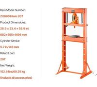 Presse hydraulique d'atelier, capacité 20 tonnes, hauteur réglable, renfort de base triangulaire, 20 T