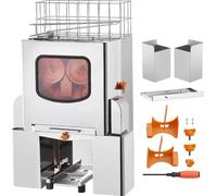 Presse-oranges commercial de SucceBuy, 120 W, automatique. Presse 20 oranges par minute. Presse en acier inoxydable avec boîte à filtre extractible, couvercle et 2 bacs de récupération des épluchures.